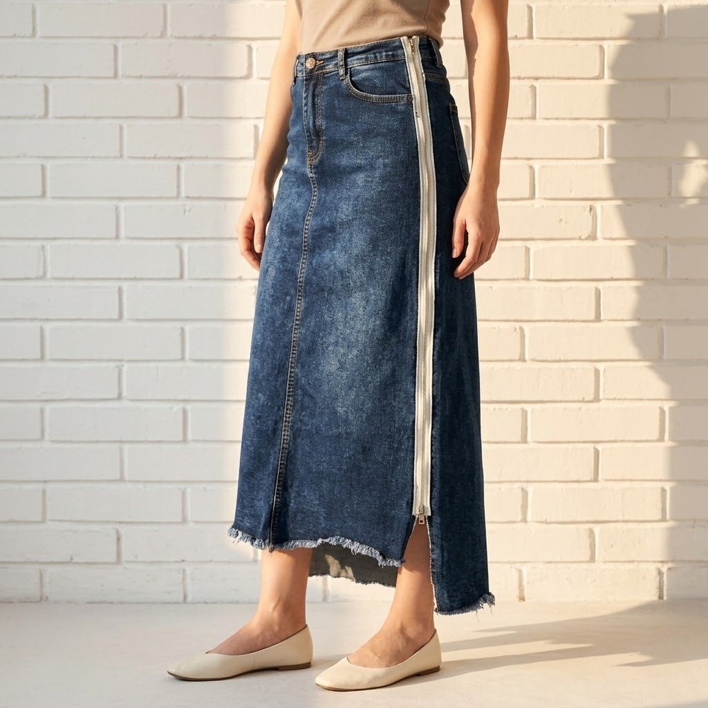 Y2K Denim Maxi Skirt Womens 27 Blue Zipper Side Raw Hem Acid Wash Edgy Grunge